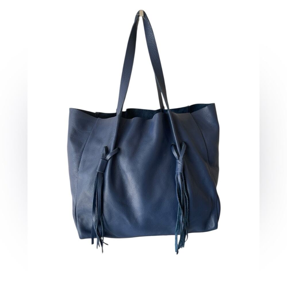 B-LOW THE BELT Navy Blue Leather Tote Bag Purse Double Handles